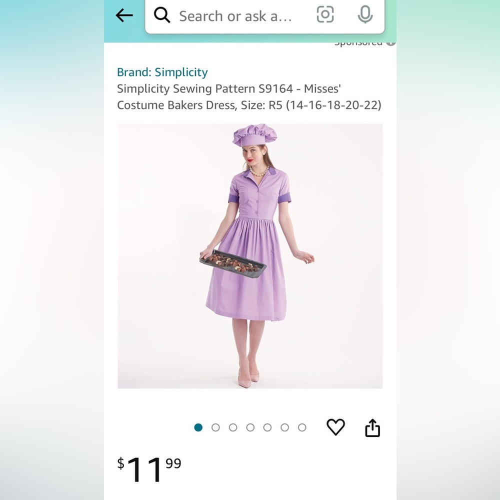OCT SALE 6/$25+ship SIMPLICITY S9164 MISSES COSTUME BAKER SEWING PATTERN